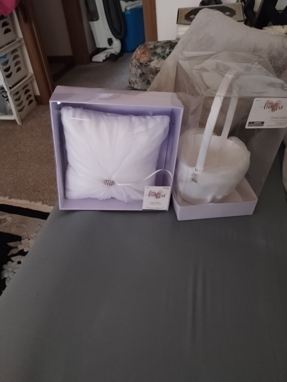 Satin Wedding Ring Pillow And Flower Basket Set In Rhine Stone.